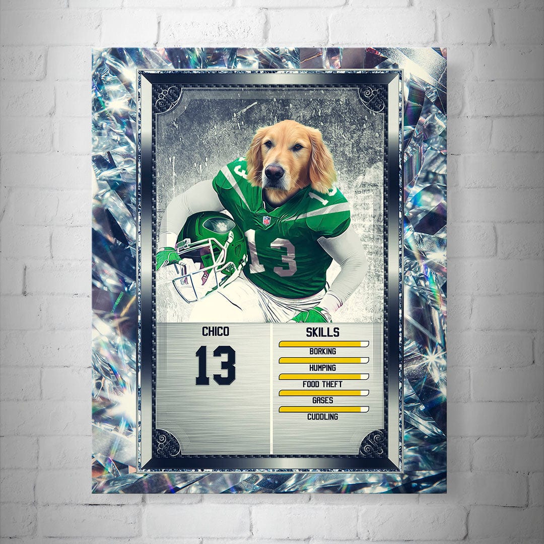 Personalized 8x10" matte poster featuring a golden retriever in a green football jersey, designed as a New York Jet Doggos trading card.