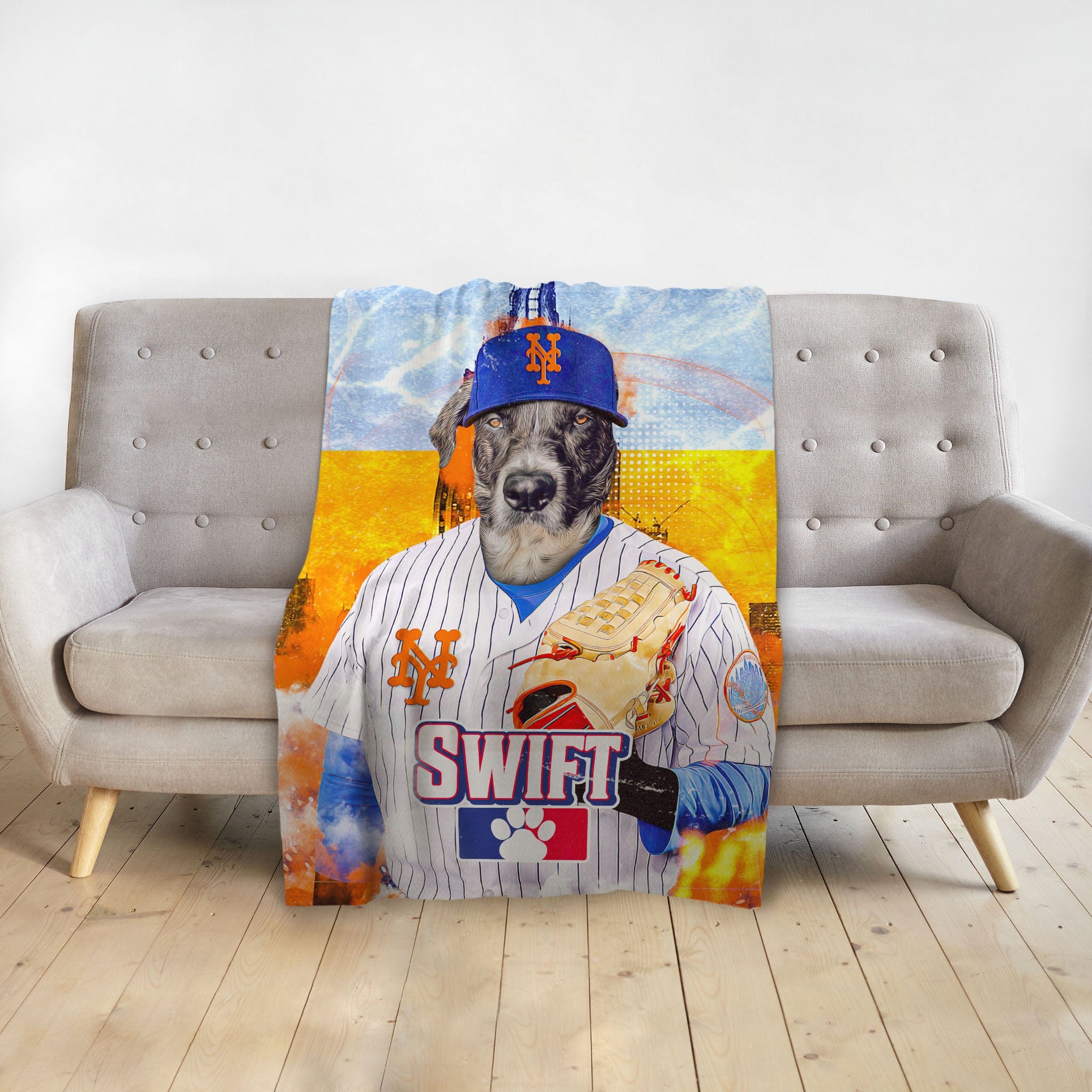Personalized pet blanket featuring a dog in a New York Mets baseball uniform portrait.