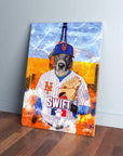 Personalized pet canvas featuring a dog in a New York Mets baseball uniform with a glove and cap.