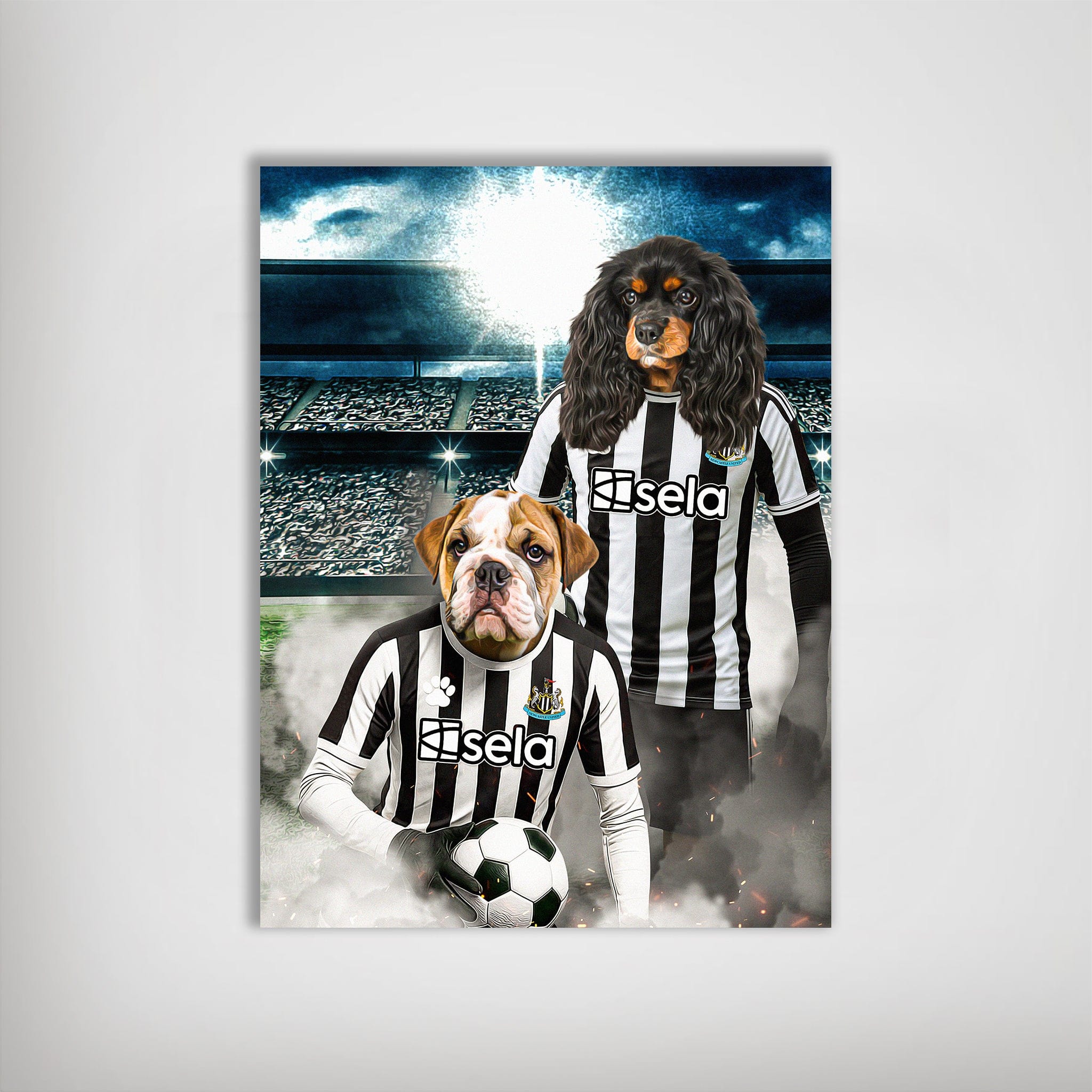 Personalized Newcastle United Doggos Football poster featuring two pets in black and white striped jerseys.