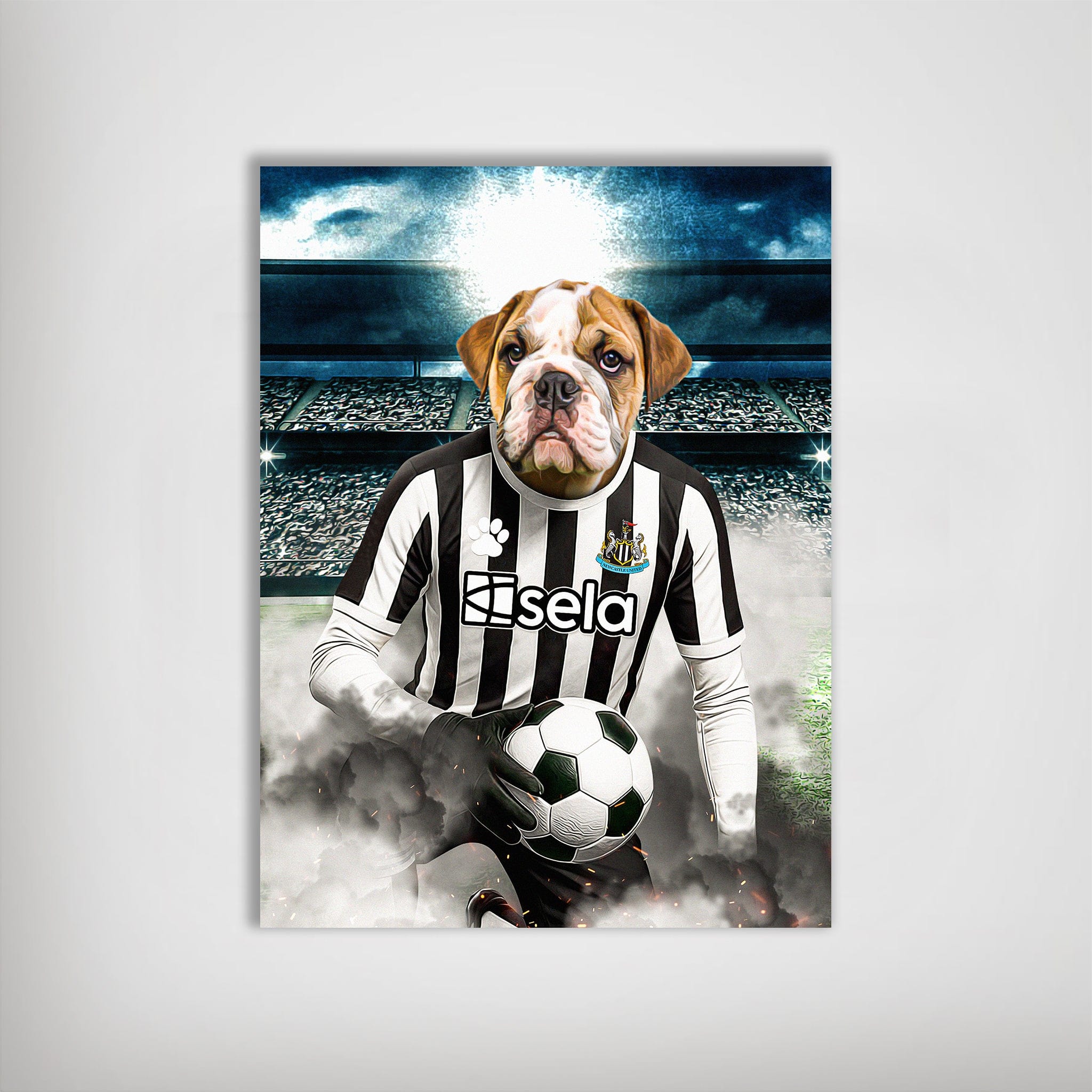 Personalized Newcastle United Doggos Football poster featuring a bulldog in a black and white striped jersey holding a soccer ball.