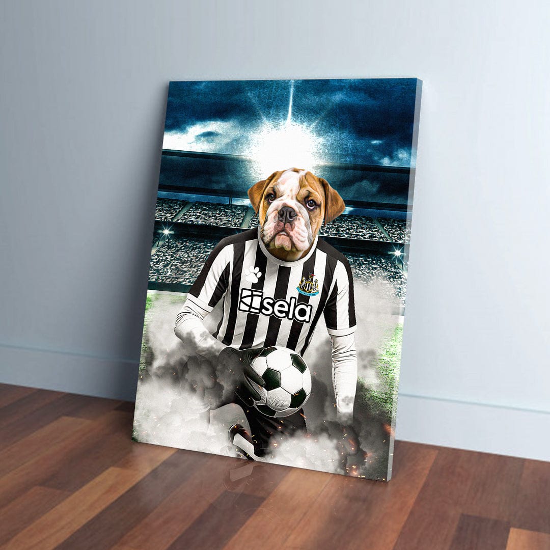 Personalized pet canvas featuring a bulldog in a black and white Newcastle United football kit, holding a soccer ball on a stadium background.
