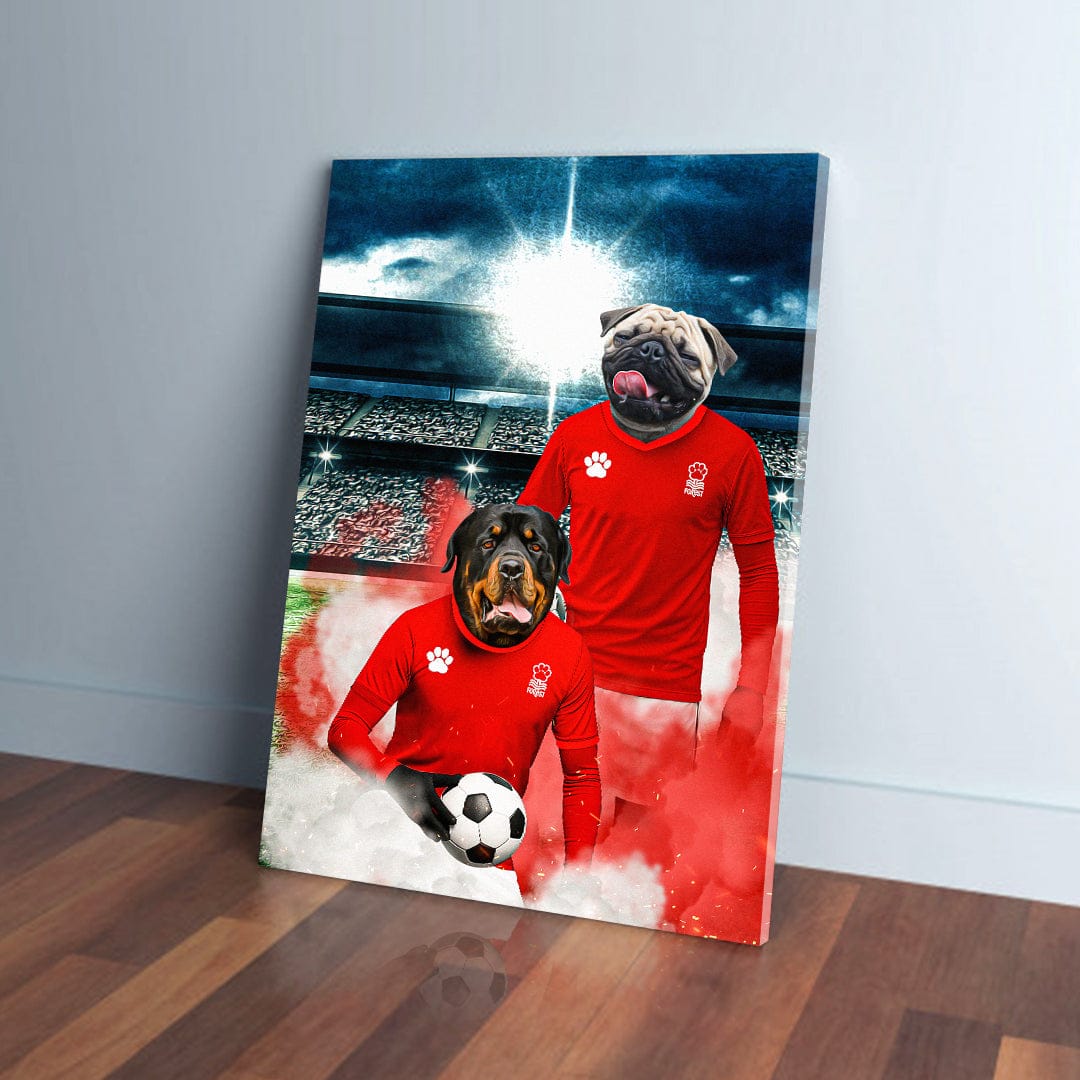 Personalized canvas featuring two pets as Nottingham Forest football players in red jerseys.