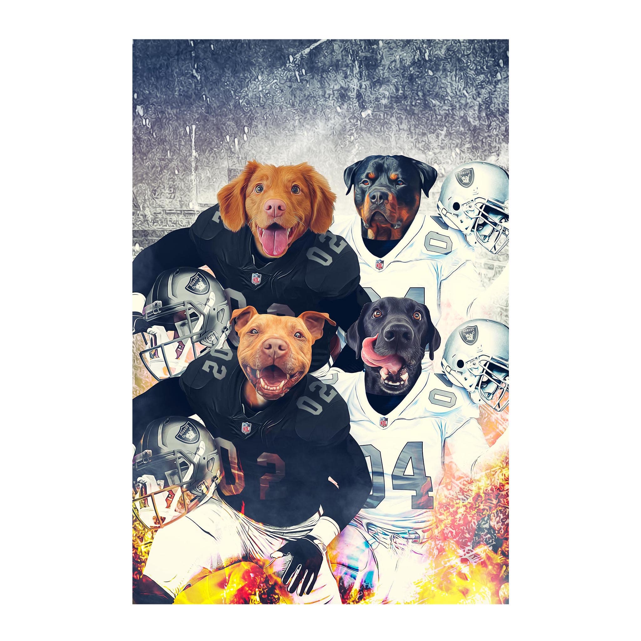 Personalized digital portrait of four pets as football players in black and white uniforms.