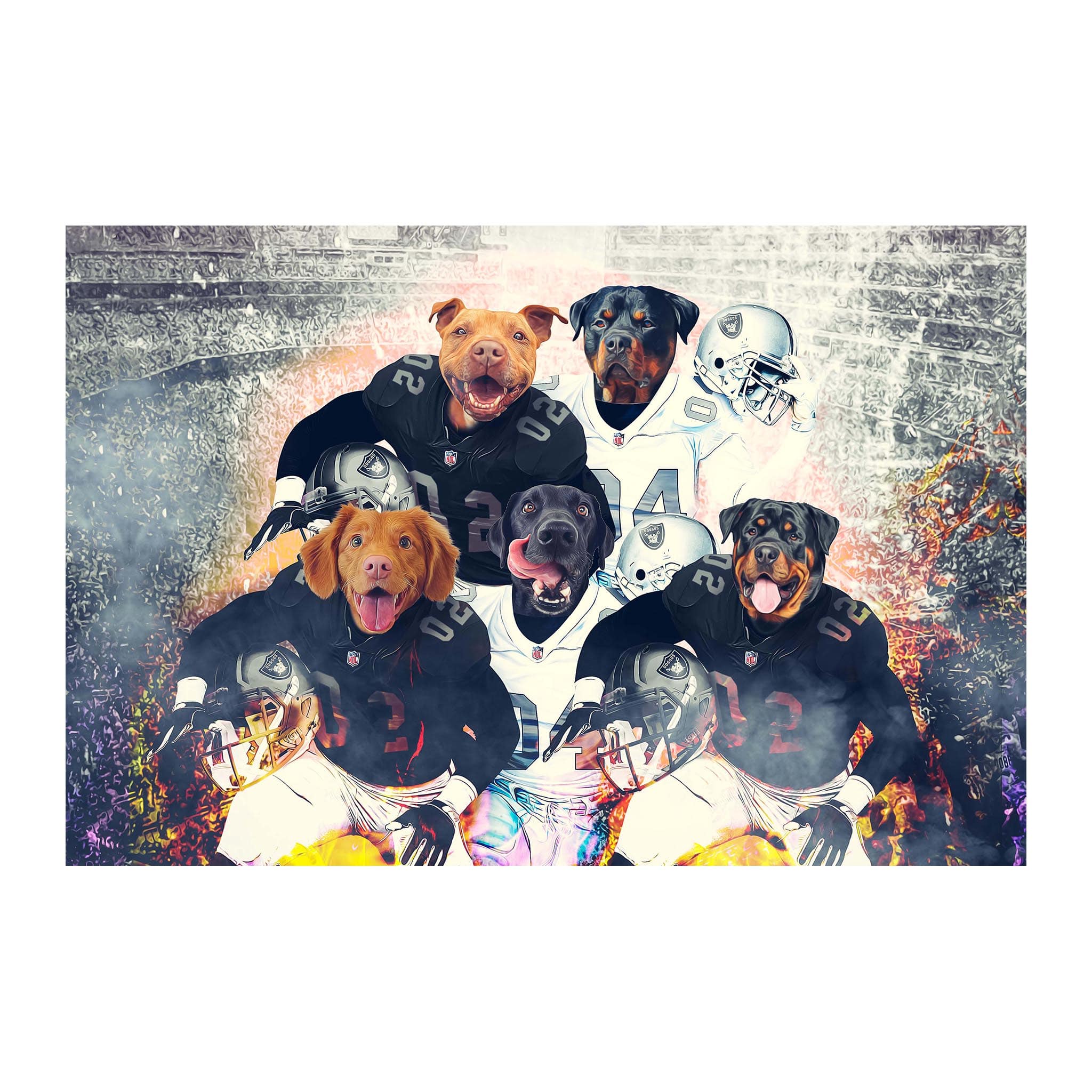 Personalized digital portrait of five dogs in Oakland Raiders football uniforms.