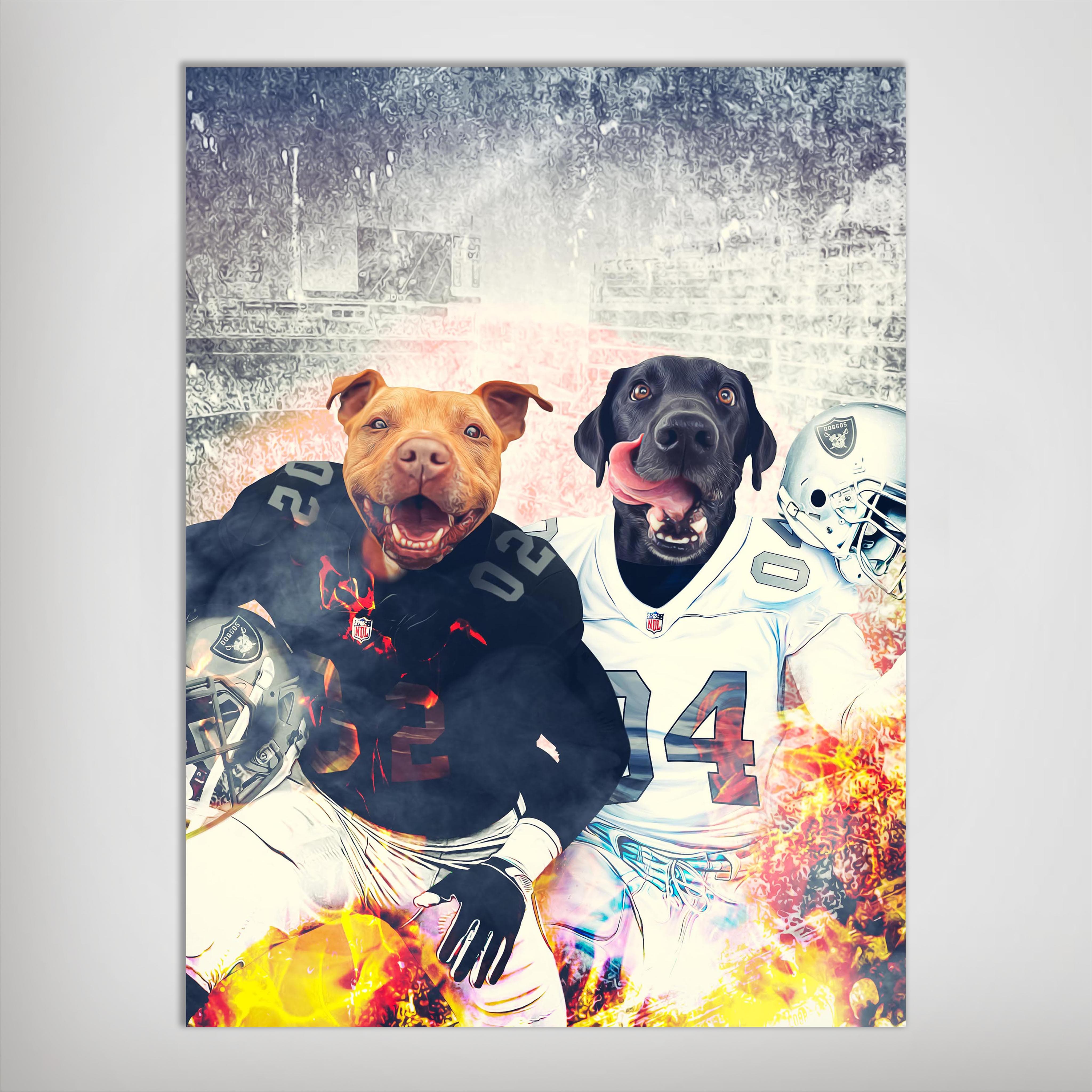 Personalized 'Oakland Doggos' poster featuring a pit bull and black lab in football uniforms.
