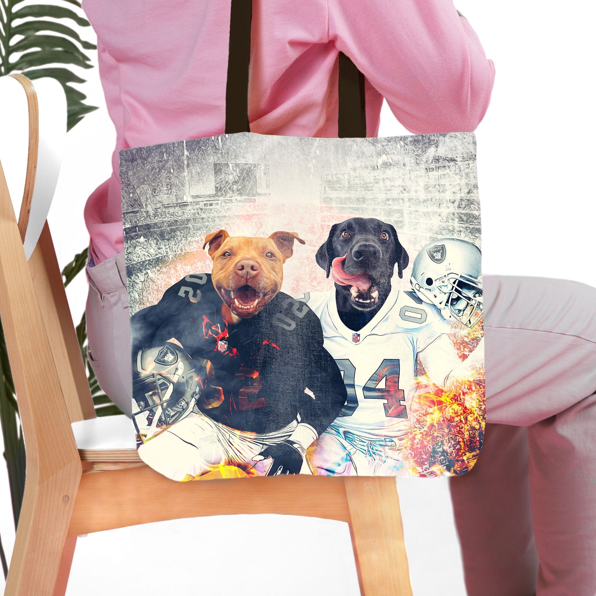 Personalized Oakland Doggos 2-pet tote bag with custom dog portraits in football jerseys.