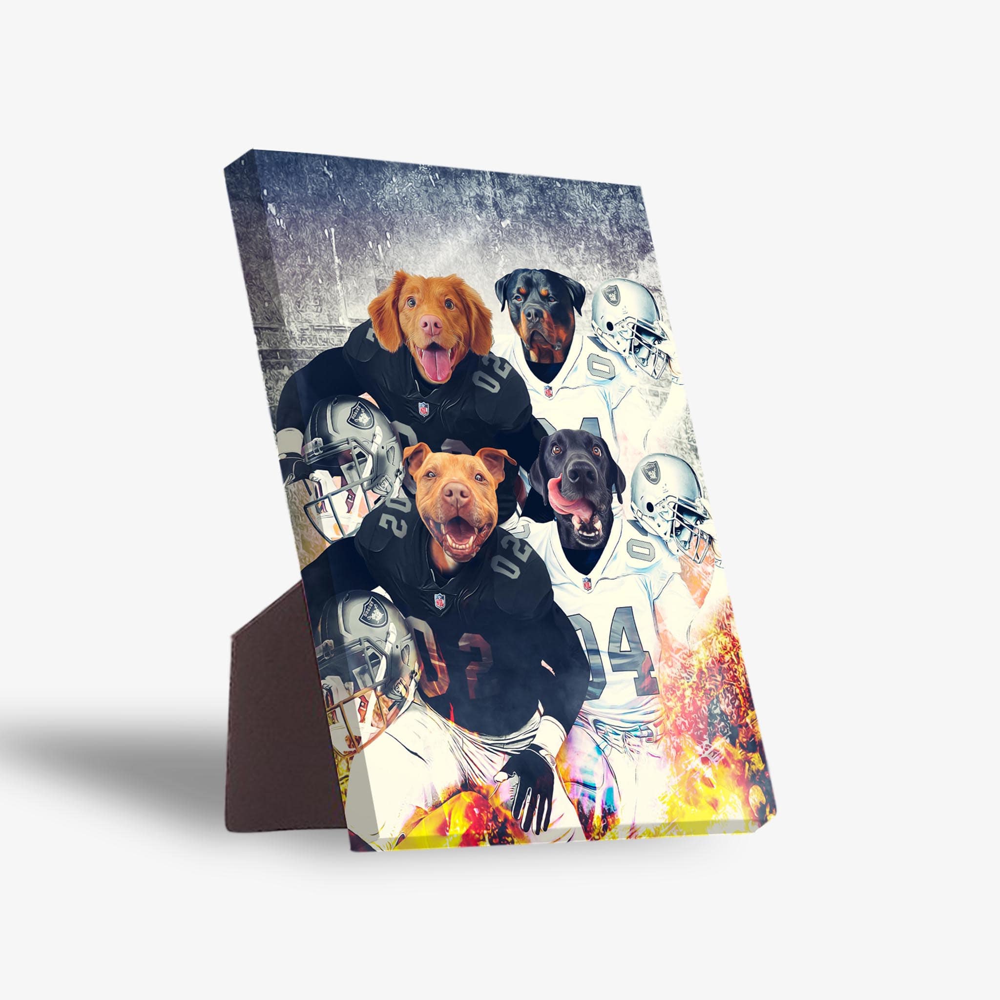 Personalized 4-pet standing canvas featuring dogs in football uniforms with a sturdy brown stand.