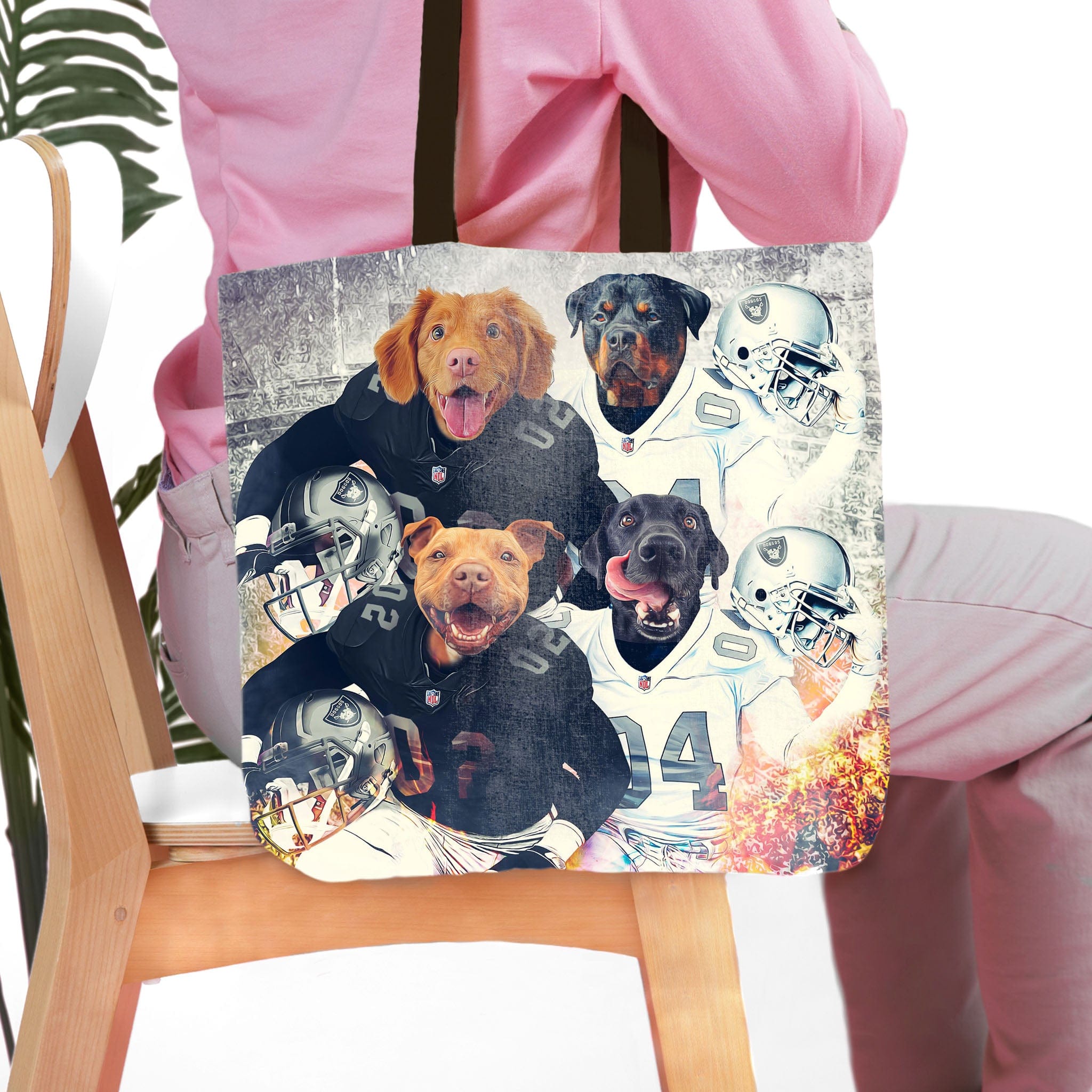 Personalized 4-pet tote bag featuring dogs in football uniforms.