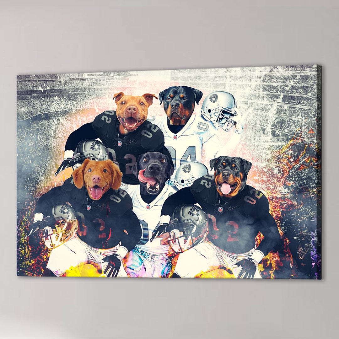 Personalized 5-pet canvas featuring dogs in black and white football jerseys on a stadium background.