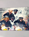 Personalized 5-pet canvas featuring dogs in black and white football jerseys on a stadium background.