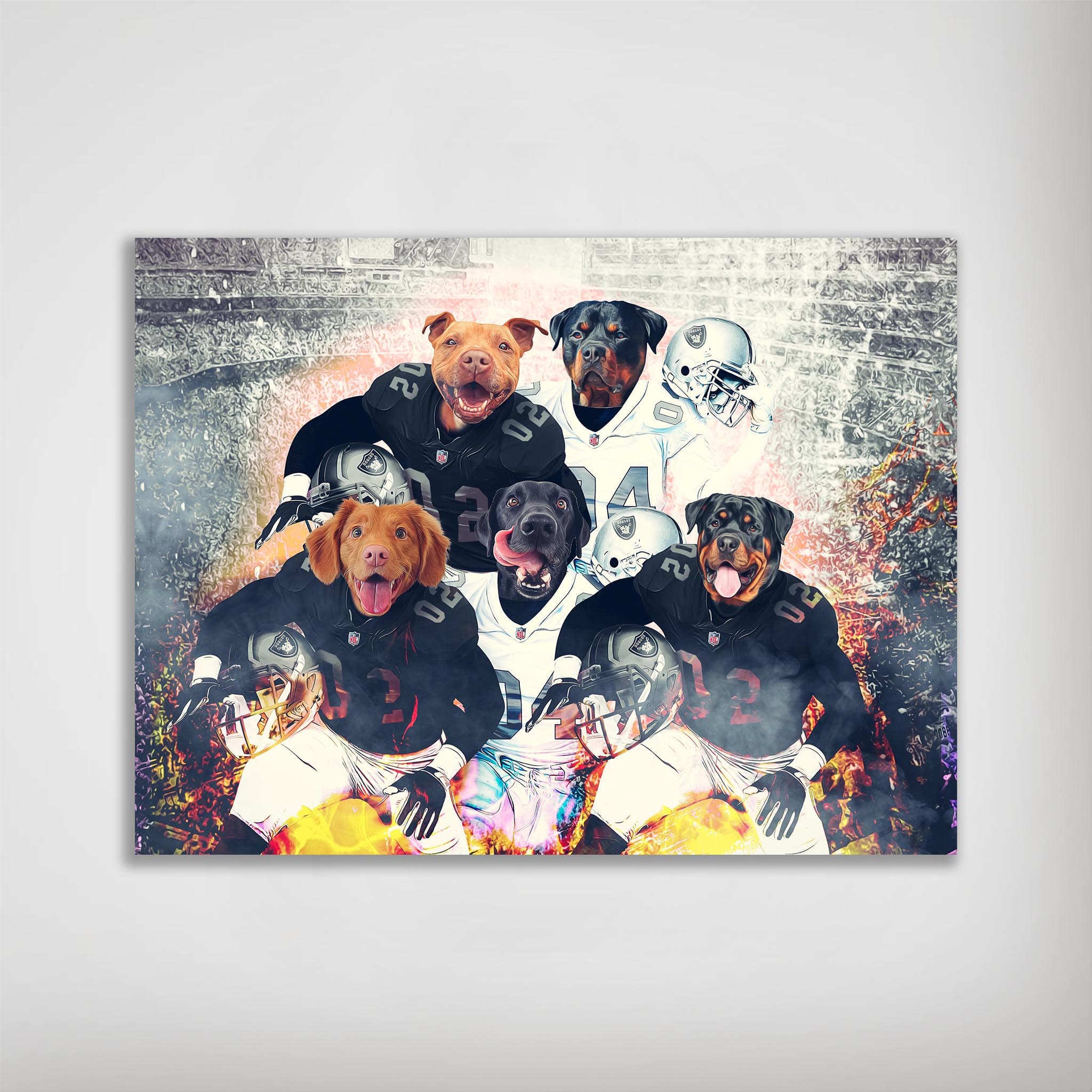 Personalized 'Oakland Doggos' poster featuring five pets as football players in black and white jerseys.