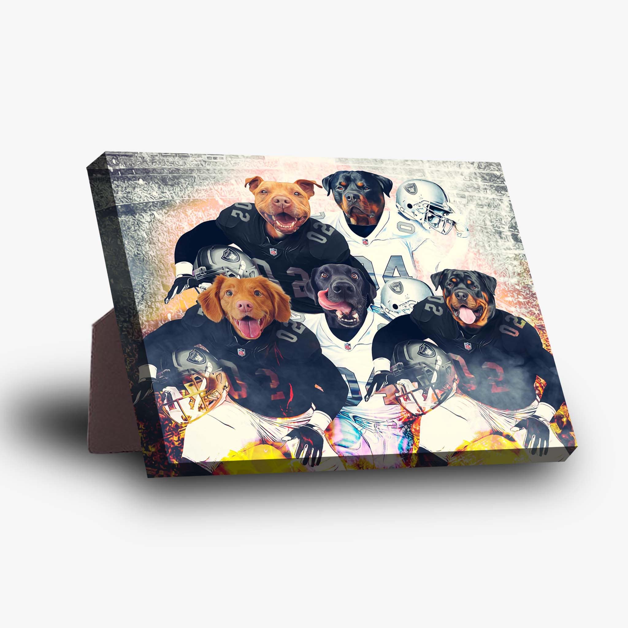Personalized 5-pet standing canvas featuring dogs in Oakland Raiders football uniforms.