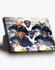 Personalized 6-pet standing canvas featuring dogs in black and white football uniforms against a brick wall.