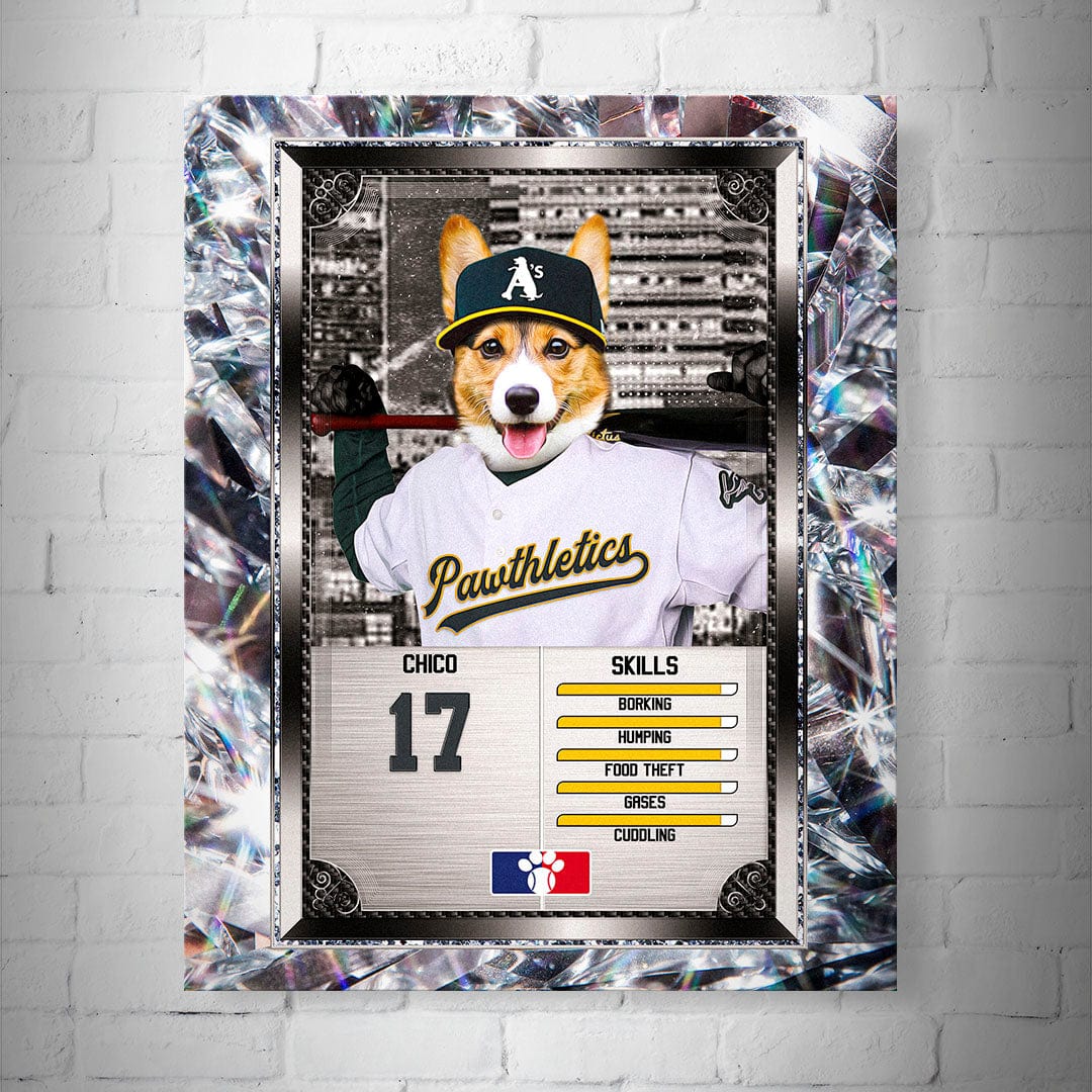 Personalized 8x10" Oakland Pawthletics baseball trading card poster featuring a corgi in a uniform.