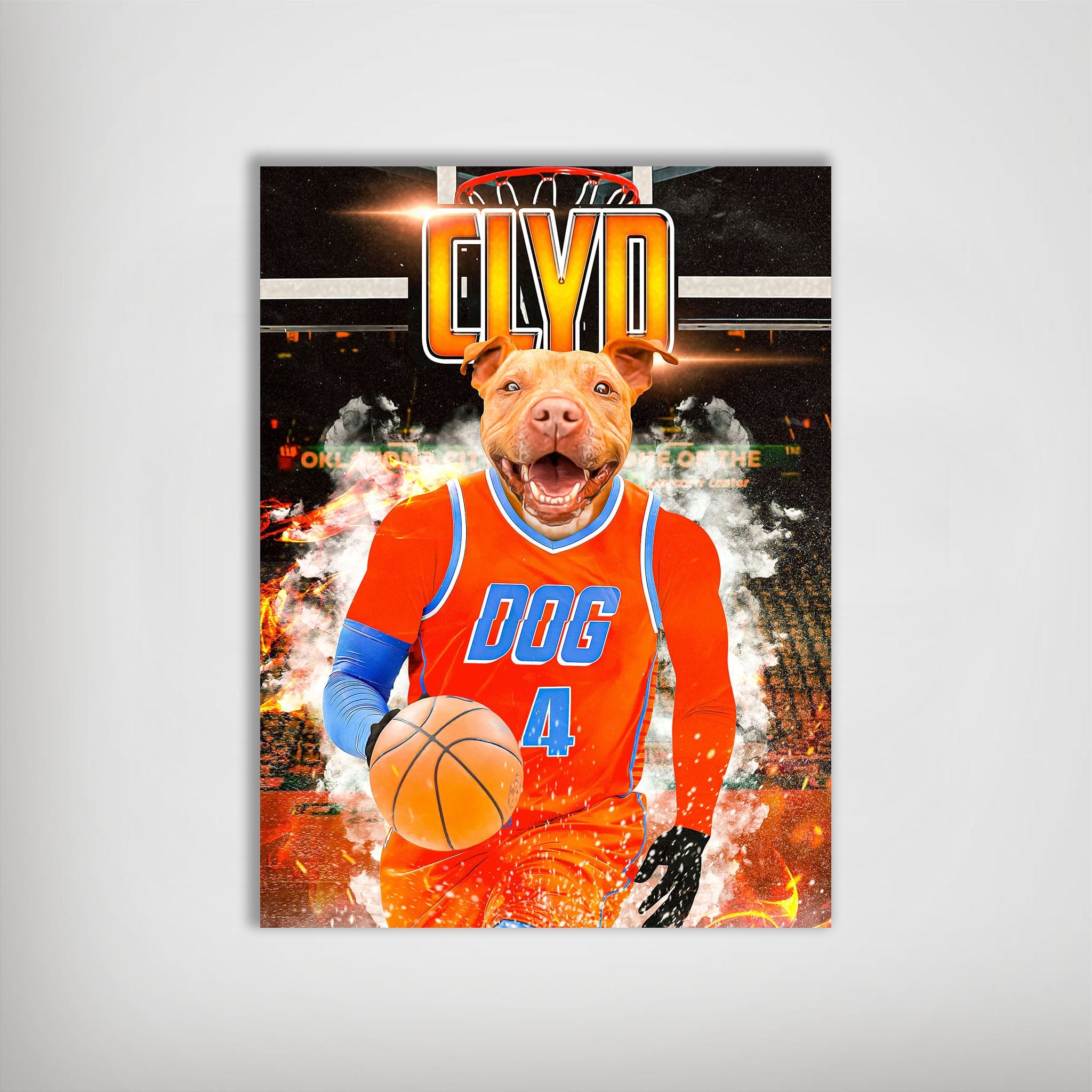 Personalized 'Okc Thunders Doggos' poster featuring a pit bull in an orange basketball jersey holding a ball.