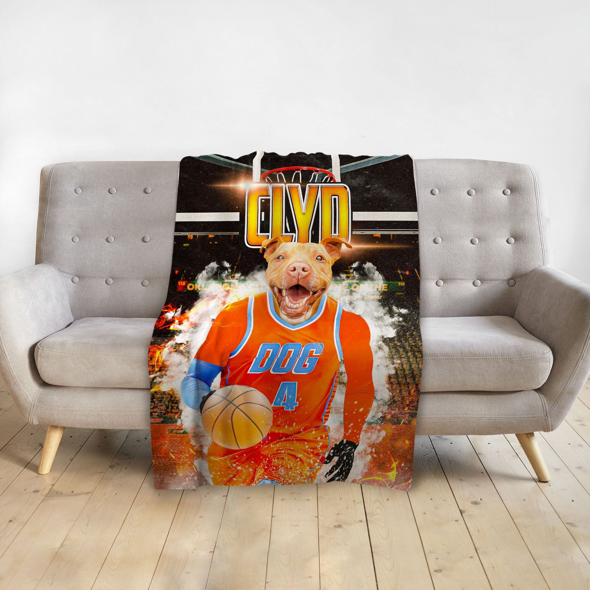 Personalized pet blanket with a pit bull dog in an orange basketball uniform on a court.