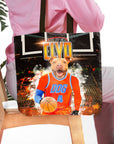 Personalized black tote bag with a custom dog portrait in an OKC Thunders basketball uniform.