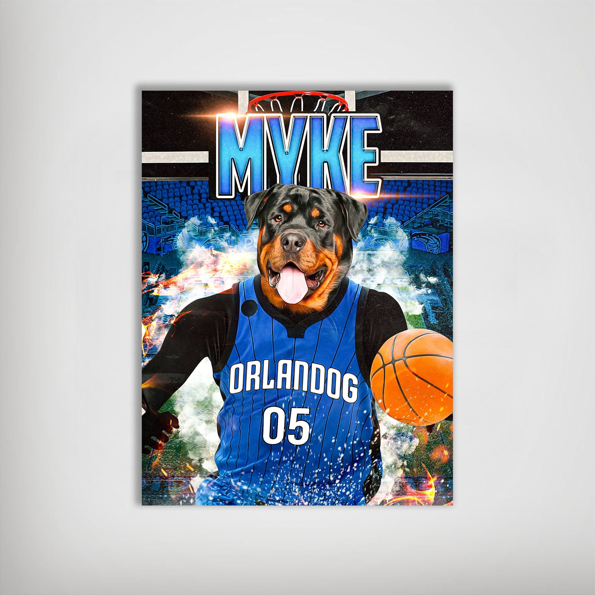 Personalized 'Orlandog Magic' poster featuring a Rottweiler in a blue basketball jersey with a basketball.