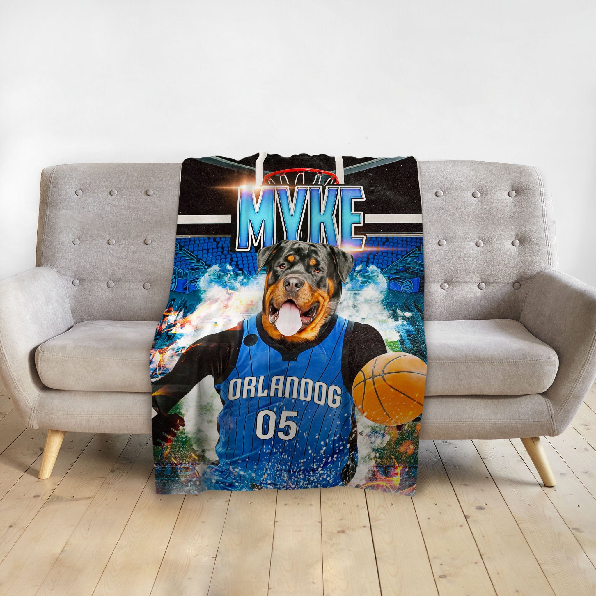 Personalized pet blanket with a Rottweiler in an "Orlandog" basketball jersey, holding a ball.