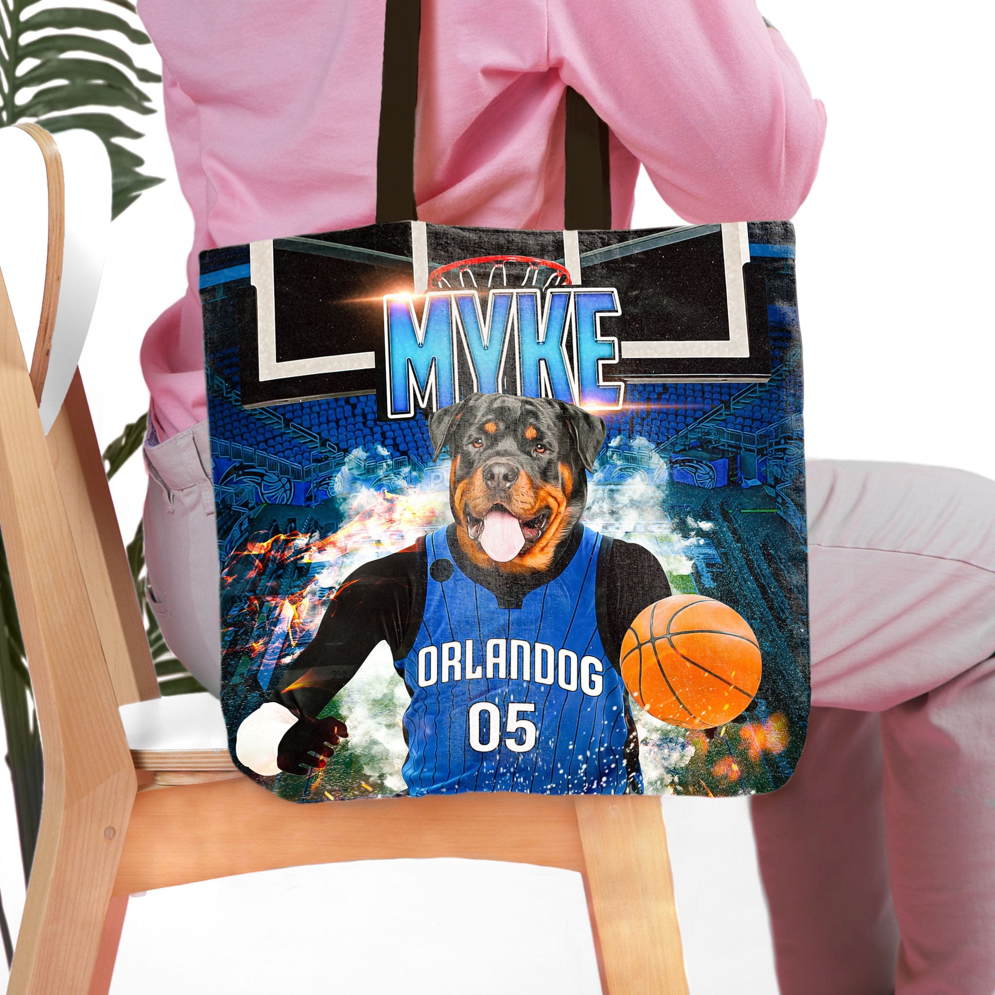 Personalized 'Orlandog Magic' tote bag with a custom Rottweiler pet portrait in a basketball jersey.