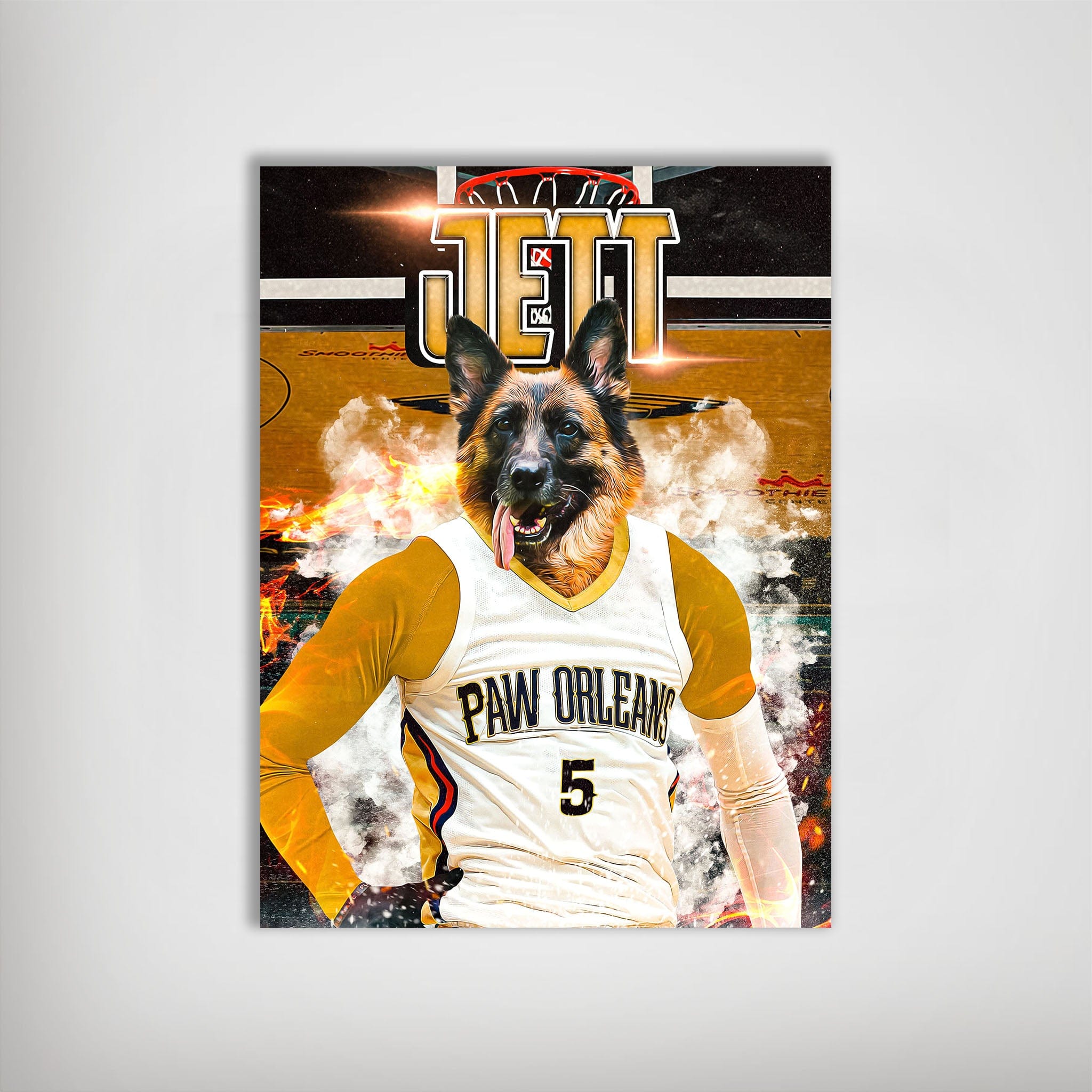 Personalized matte poster featuring a German Shepherd in a white and gold "Paw Orleans" basketball jersey, with "JETT" above.