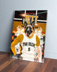 Custom pet canvas featuring a German Shepherd in a "Paw Orleans" basketball jersey, leaning against a wood floor.