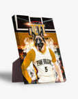 Personalized standing canvas featuring a German Shepherd in a "Paw Orleans" basketball jersey, with a court background.