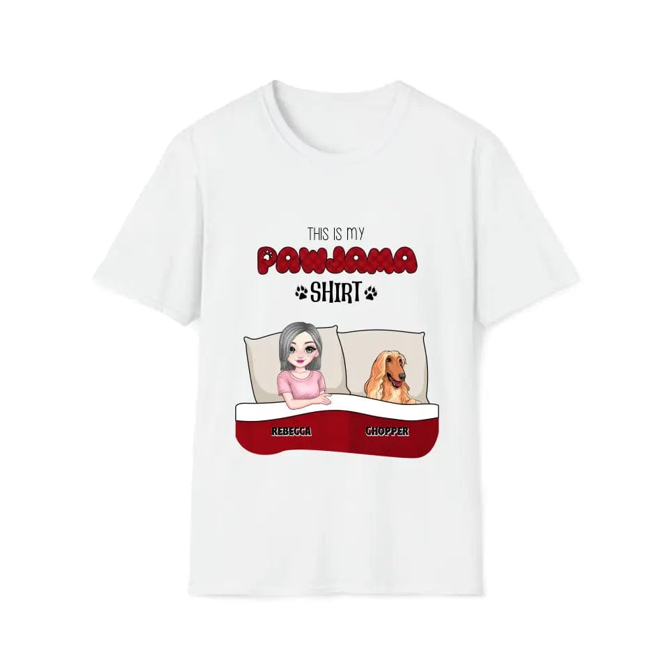 White unisex Pawjama T-shirt with "This is my Pawjama Shirt" text and custom cartoon of a woman and dog in bed.