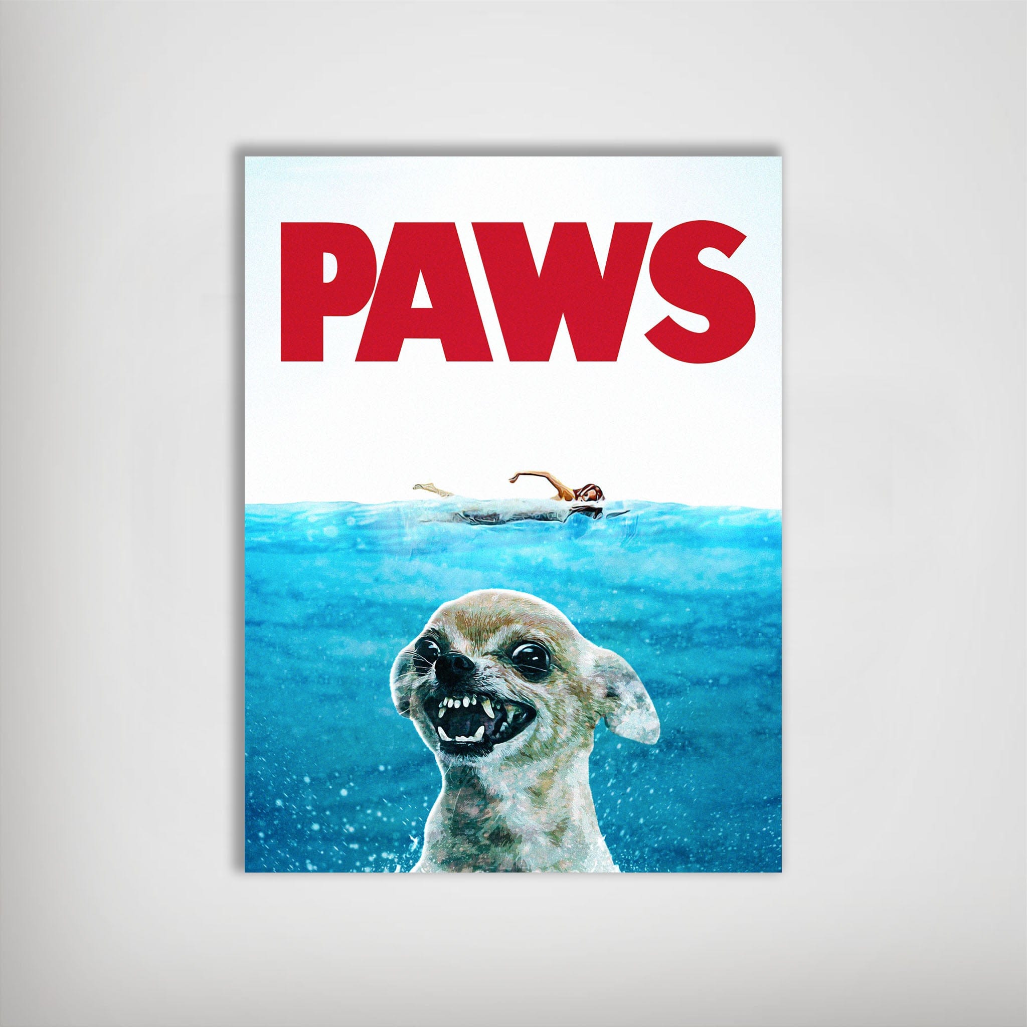Personalized "Paws" pet poster featuring a chihuahua's face emerging from blue water, Jaws-style.