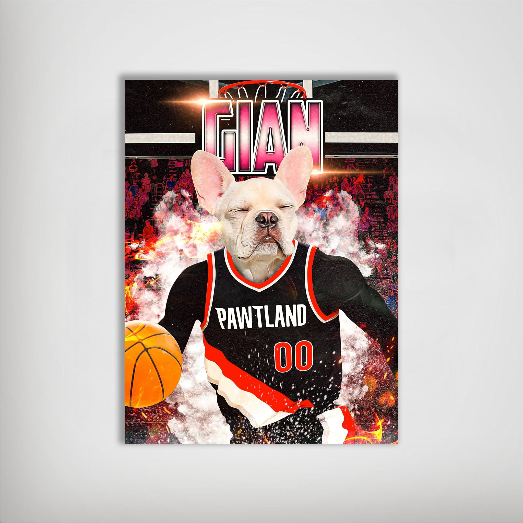 Personalized 'Pawtland Trail Blazers' dog poster featuring a French Bulldog in a black and red basketball jersey.