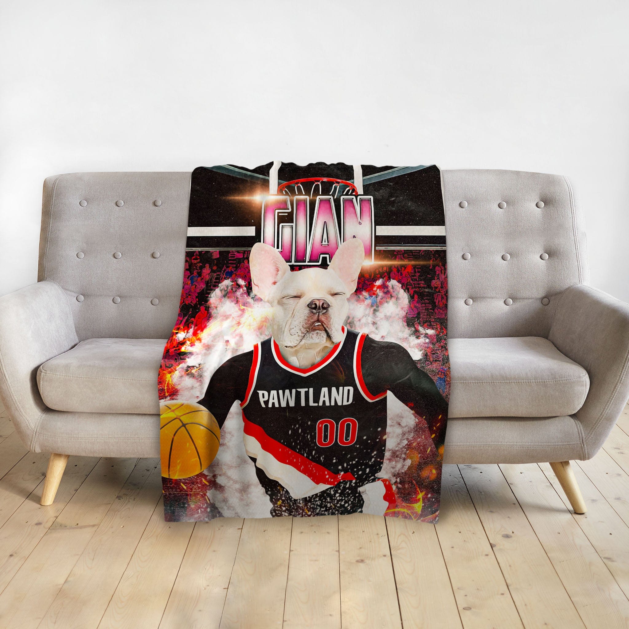 Personalized pet blanket with a French Bulldog in a basketball uniform, "Pawtland Trail Blazers" design.