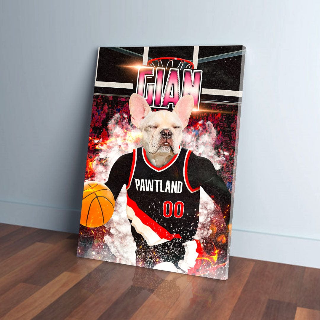 Personalized pet canvas featuring a French bulldog in a black and red "Pawtland" basketball jersey.
