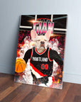 Personalized pet canvas featuring a French bulldog in a black and red "Pawtland" basketball jersey.