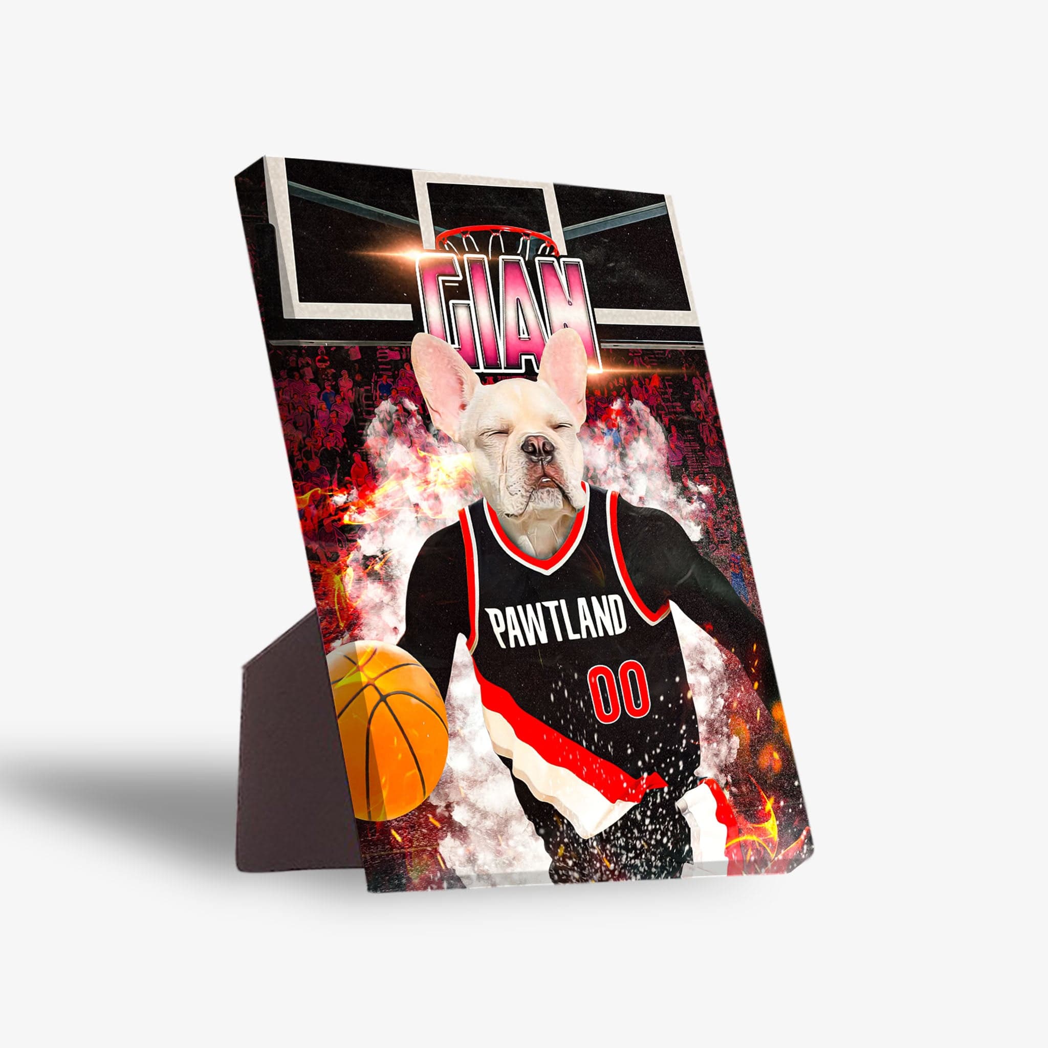 Personalized pet standing canvas featuring a French Bulldog in a black "Pawtland Trail Blazers" basketball jersey.