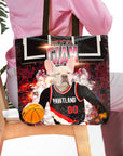 Personalized black tote bag with a custom French bulldog pet portrait in a basketball uniform.