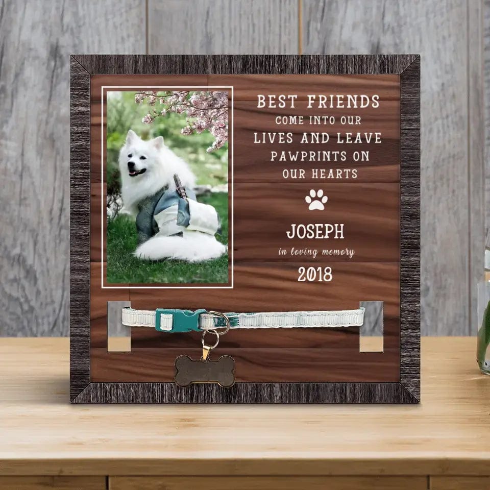 Personalized memorial wood framed leash sign for pets, 9x9 inches, with custom photo, name, and date.