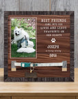 Personalized memorial wood framed leash sign for pets, 9x9 inches, with custom photo, name, and date.