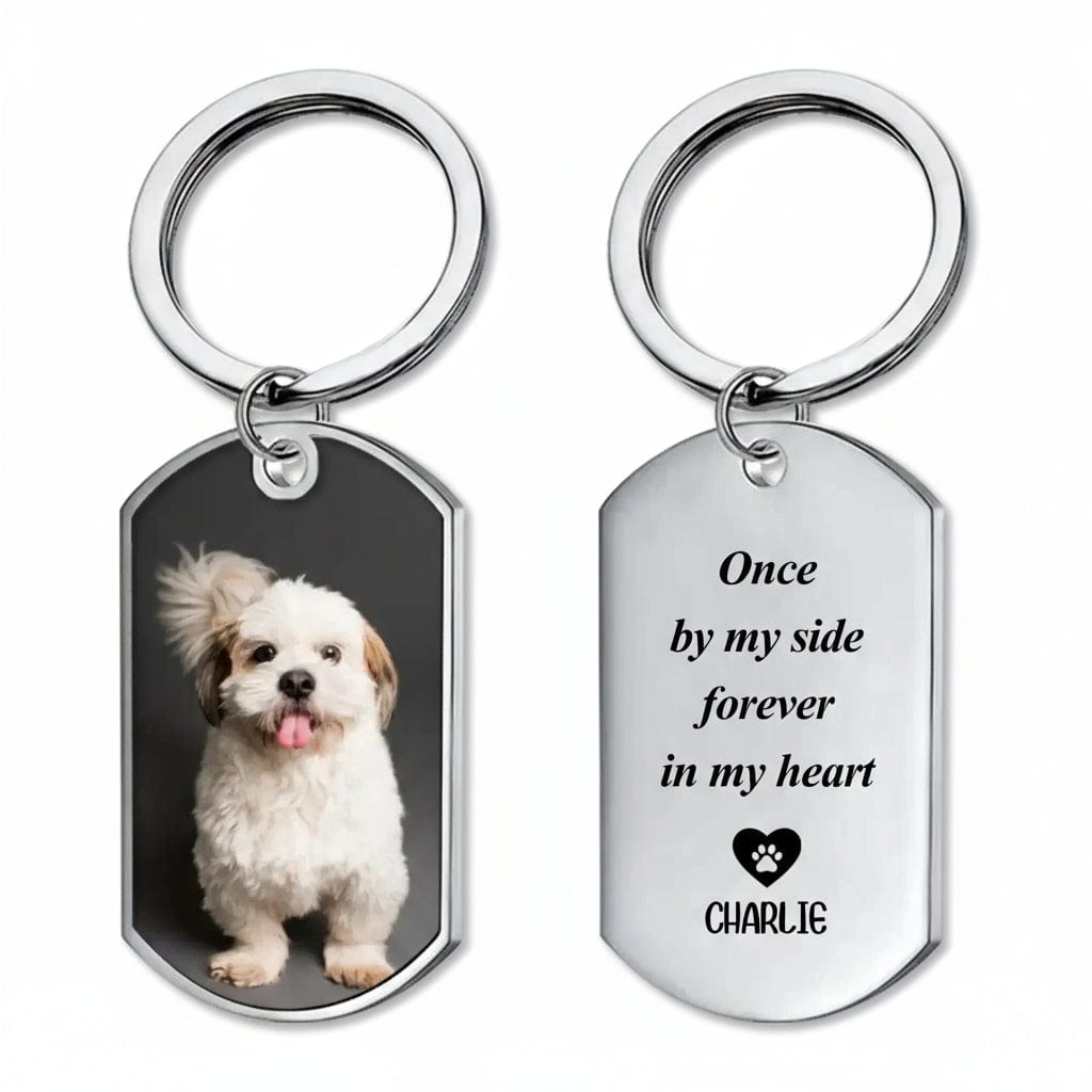 Personalized pet memorial keychain with dog photo and engraved stainless steel back