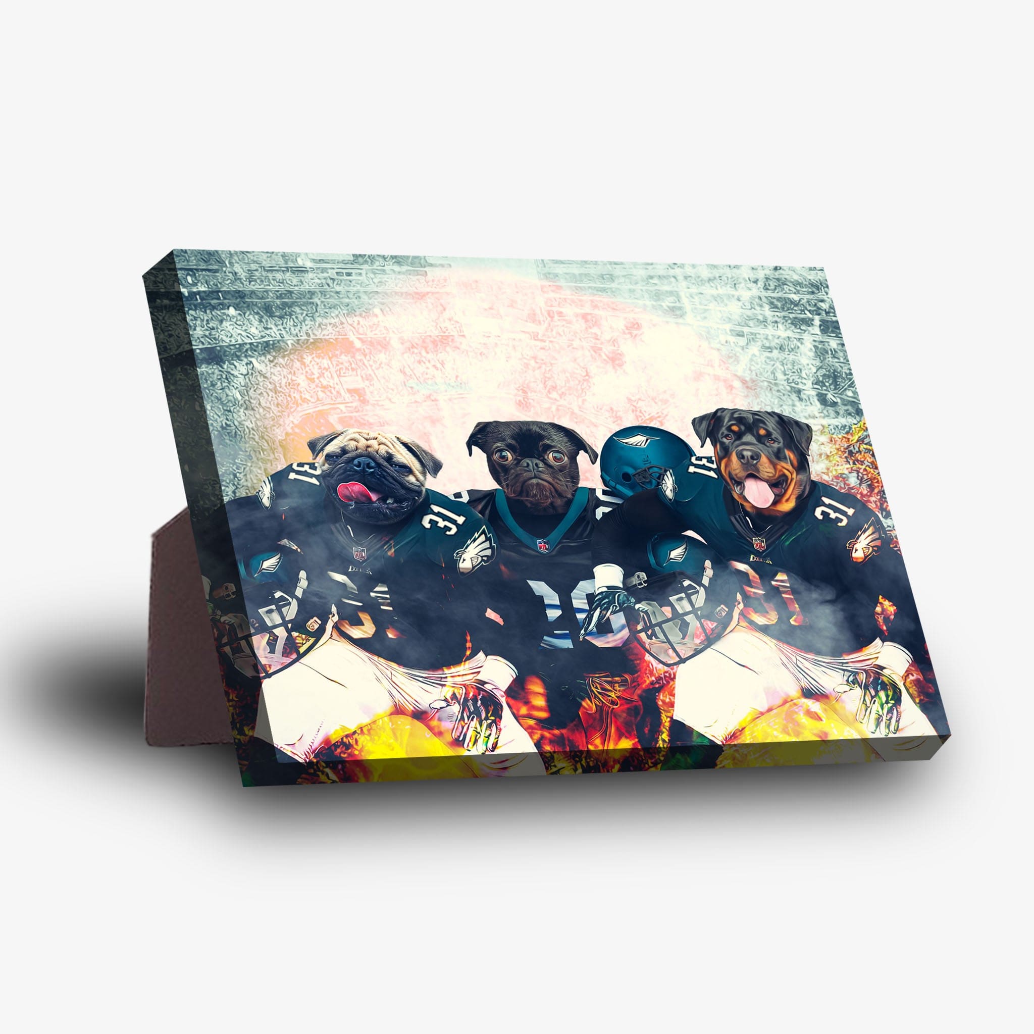 Personalized 3-pet standing canvas featuring a pug, black pug, and Rottweiler in Philadelphia Eagles football uniforms.