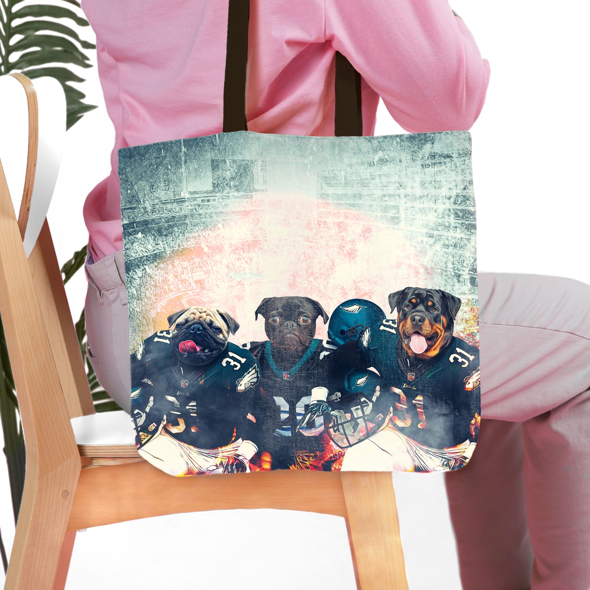 Personalized 3-pet tote bag featuring dogs in Philadelphia Eagles football uniforms.