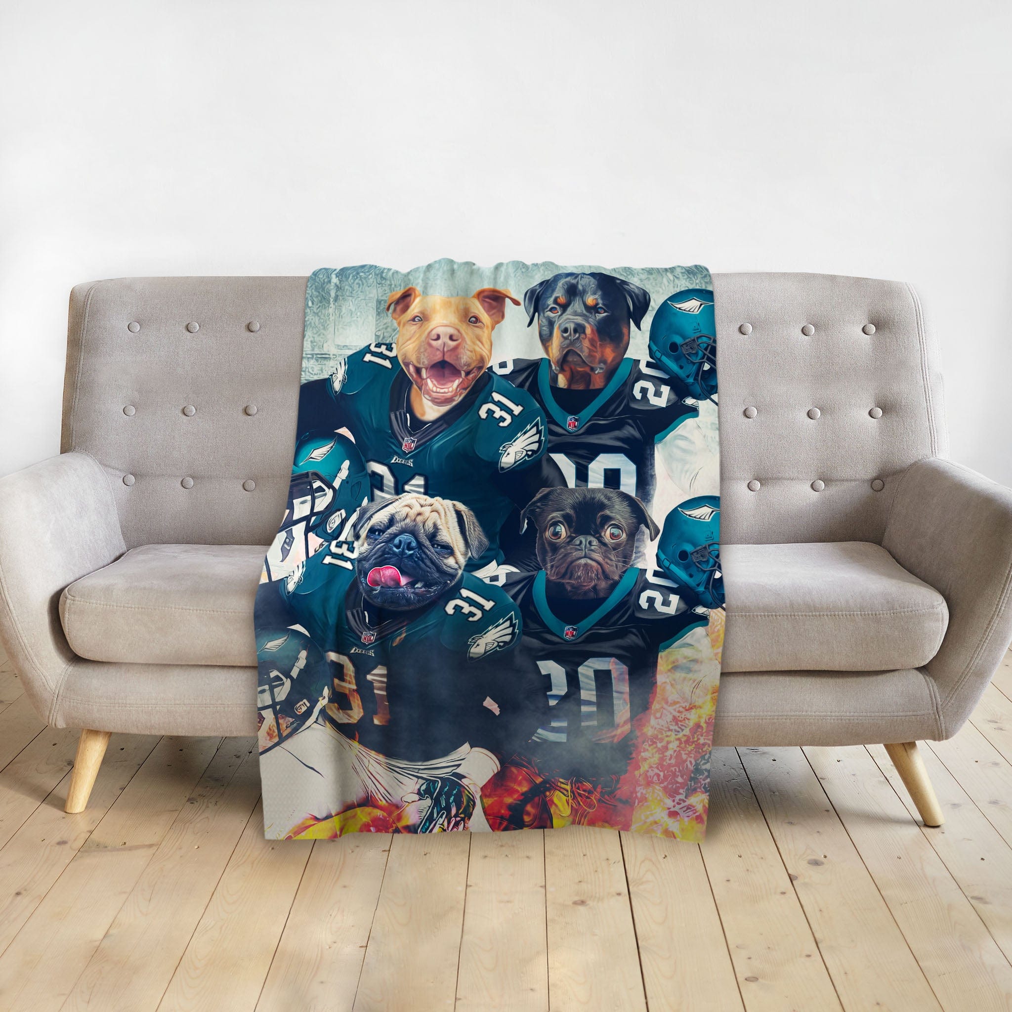 Personalized 4-pet blanket with dogs in Philadelphia Eagles football uniforms.