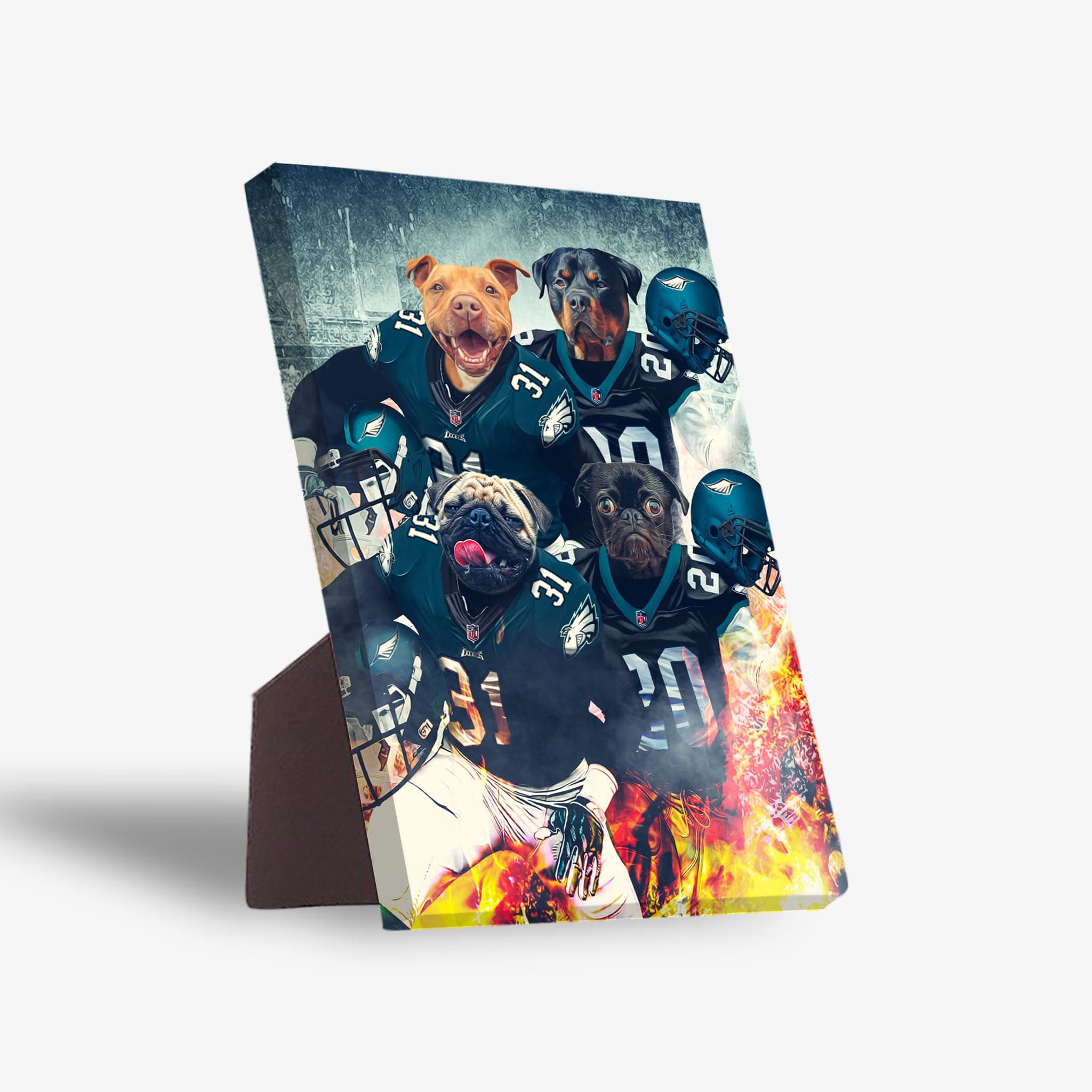 Personalized 4-pet standing canvas featuring dogs in Philadelphia Eagles football uniforms with a fiery background.