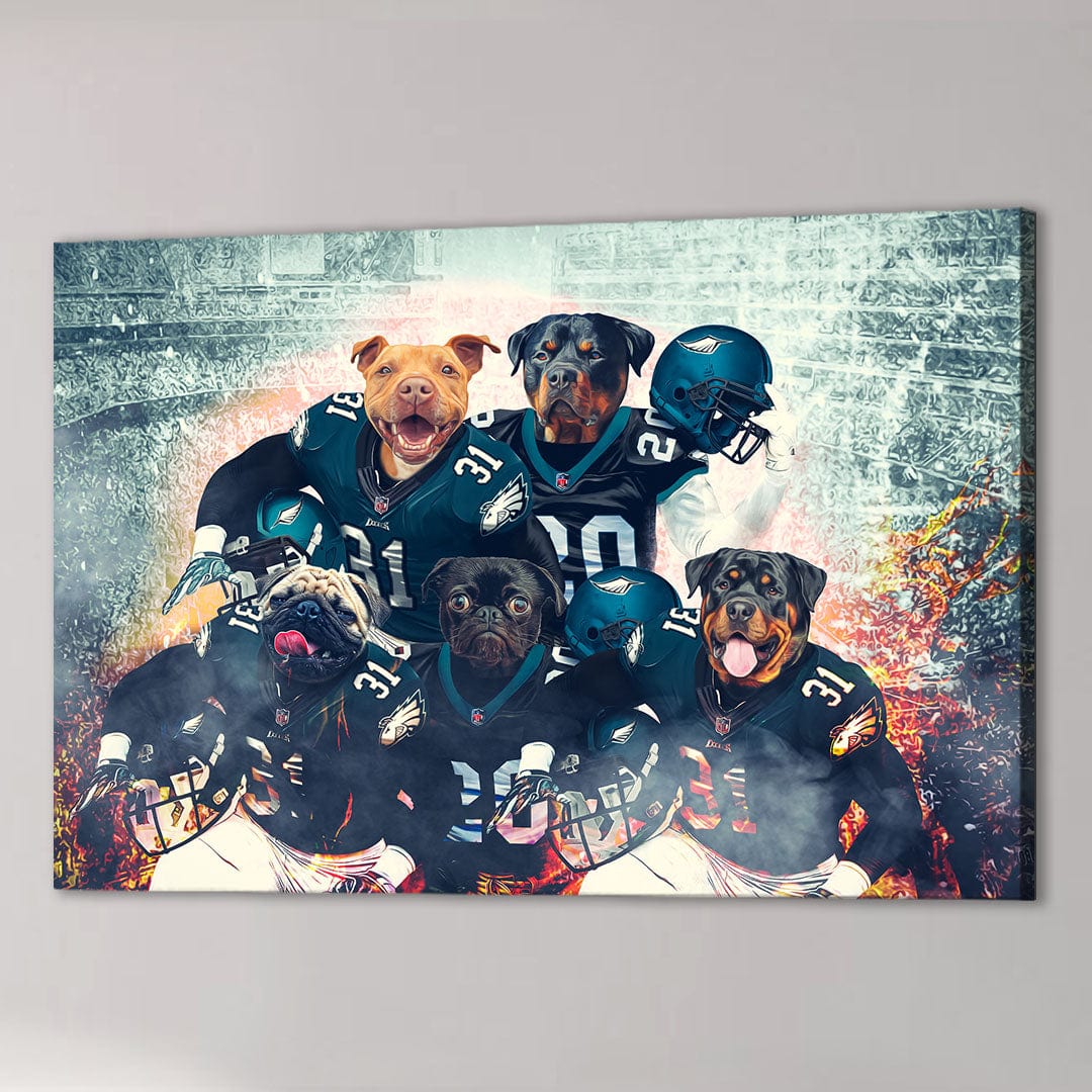 Personalized canvas of five dogs in Philadelphia Eagles football uniforms on a stadium background.