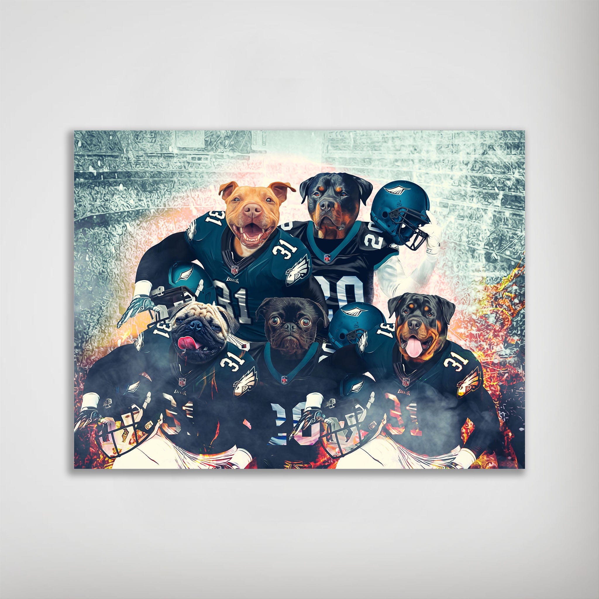 Personalized poster featuring five dogs in Philadelphia Eagles football uniforms on a stadium background.