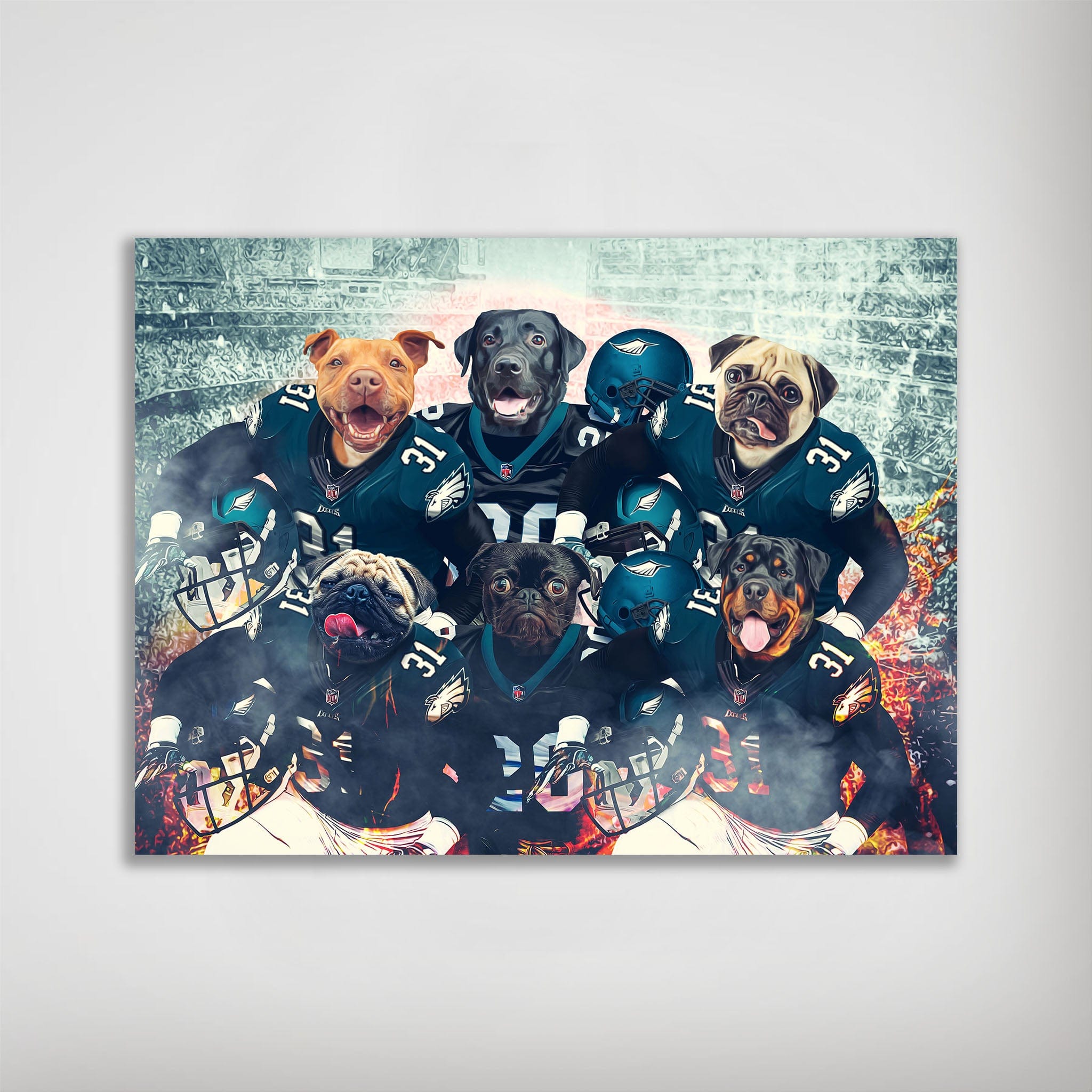 Personalized matte poster featuring six dogs in Philadelphia Eagles football uniforms, with a stadium and fire background.
