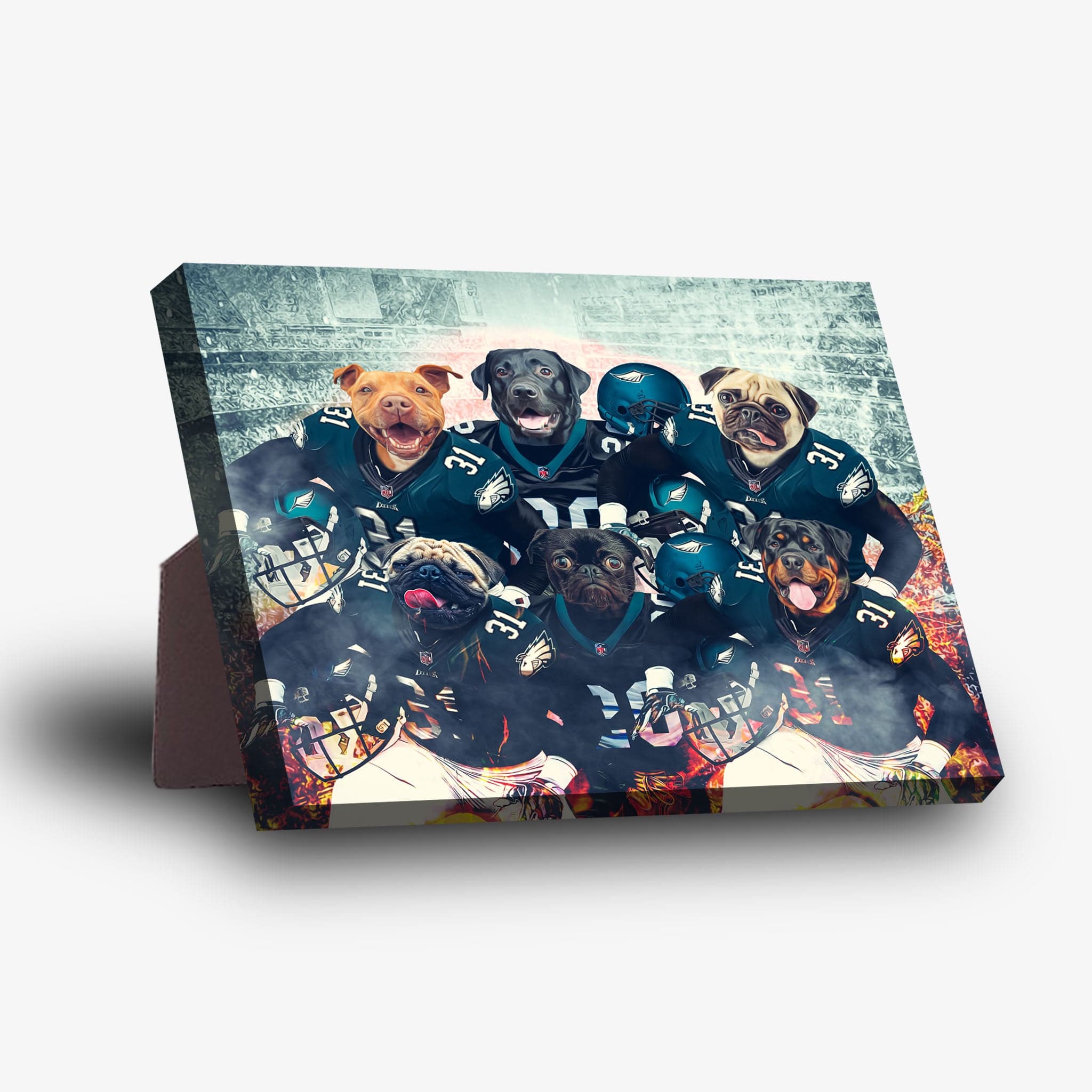 Personalized standing canvas featuring six pets in Philadelphia Eagles football uniforms.