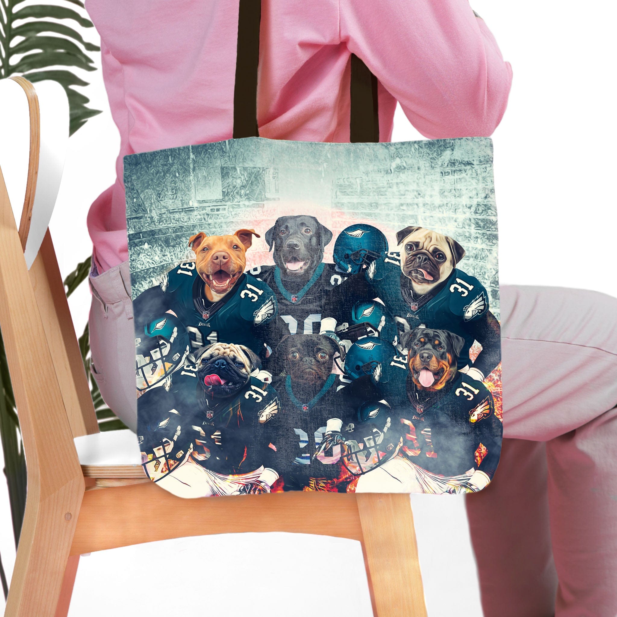 Personalized 6-pet dog portrait tote bag featuring dogs in football uniforms.
