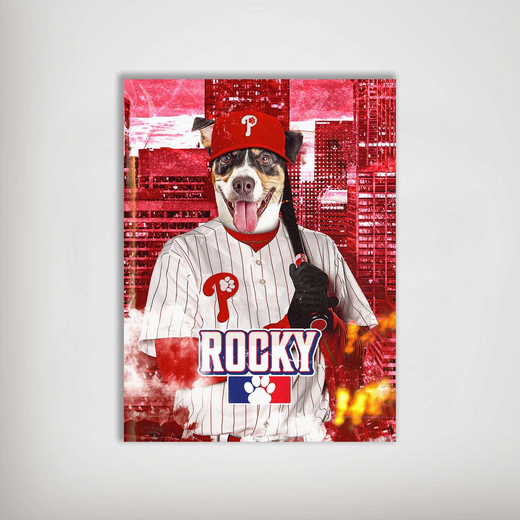 Personalized pet poster featuring a dog in a Phillies baseball uniform with "ROCKY" text, set against a red cityscape.