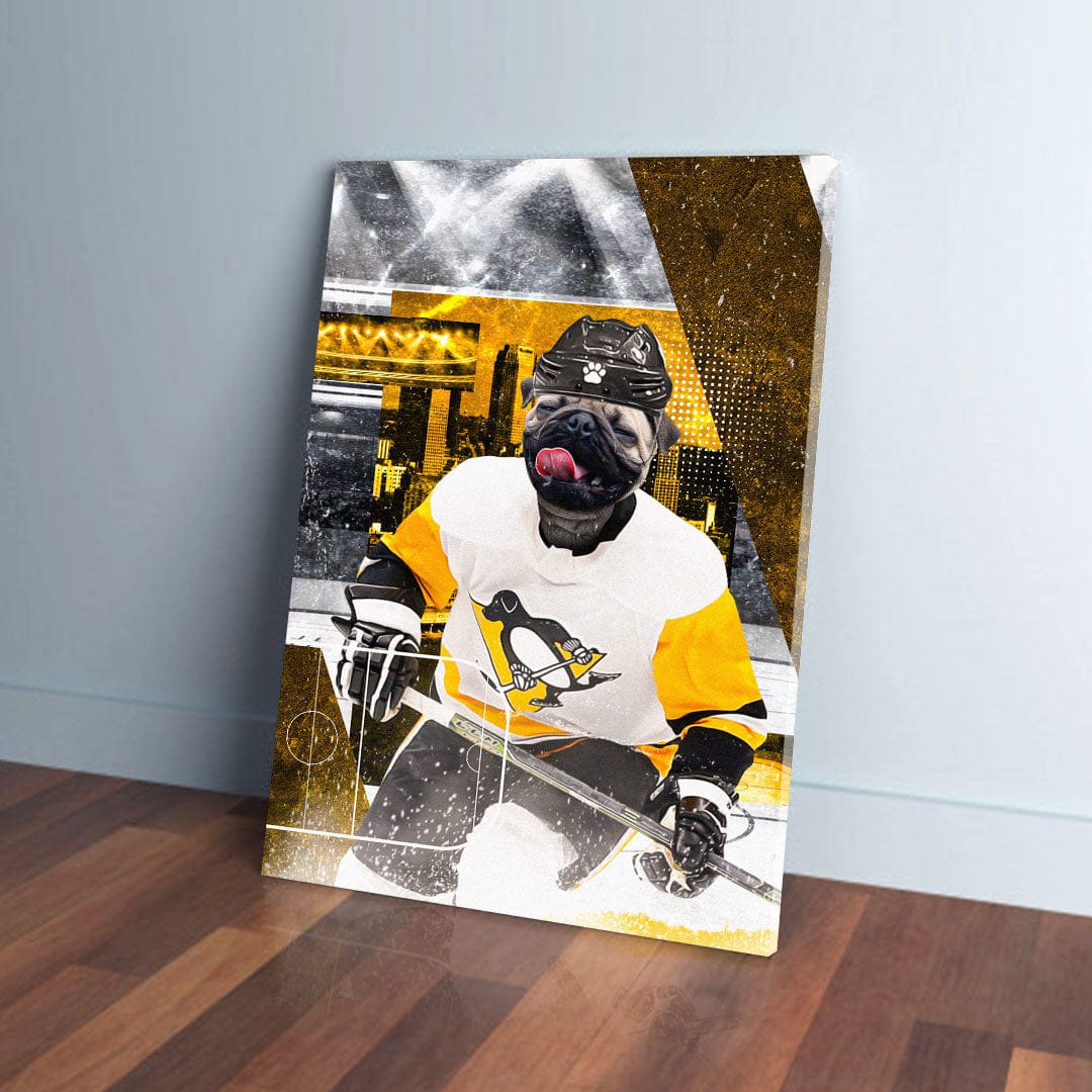 Personalized pet canvas featuring a pug in a Pittsburgh Penguins hockey uniform, leaning against a wall.